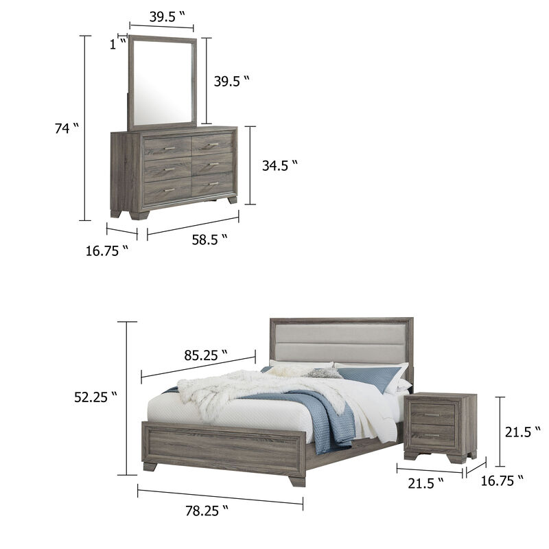 Reay 4 Piece King Bedroom Set with Dressers, Upholstered, Gray Brown