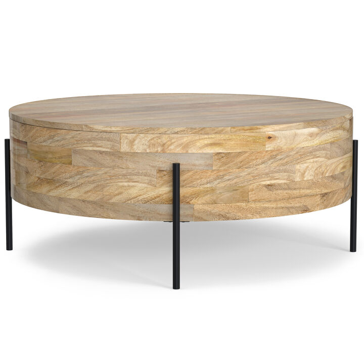 Rayburn SOLID MANGO WOOD 38 inch Wide Round Modern Industrial Drum Coffee Table in Natural