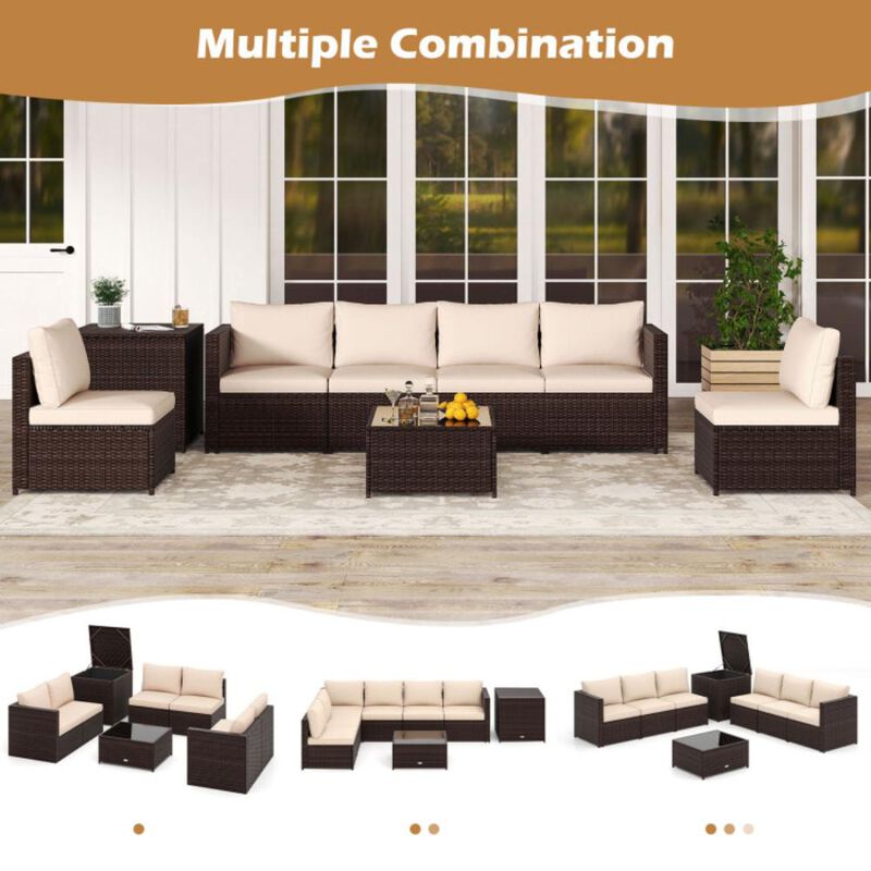 Hivvago 8 Piece Patio Furniture Set with Storage Box and Tempered Glass Coffee Table