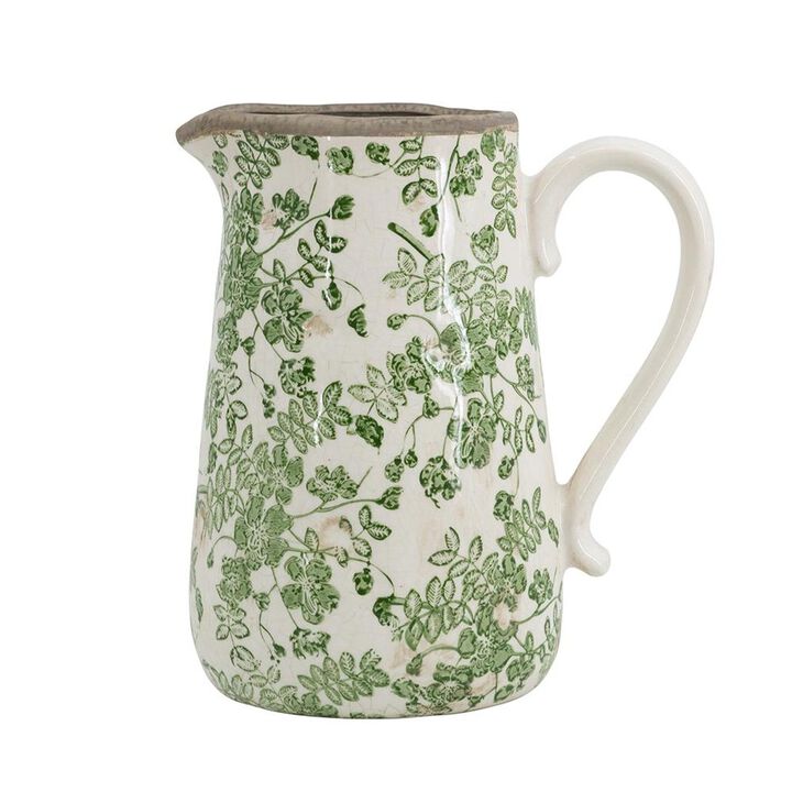 HomeRoots 9" Green And White Leaf Ceramic Round Jug Vase