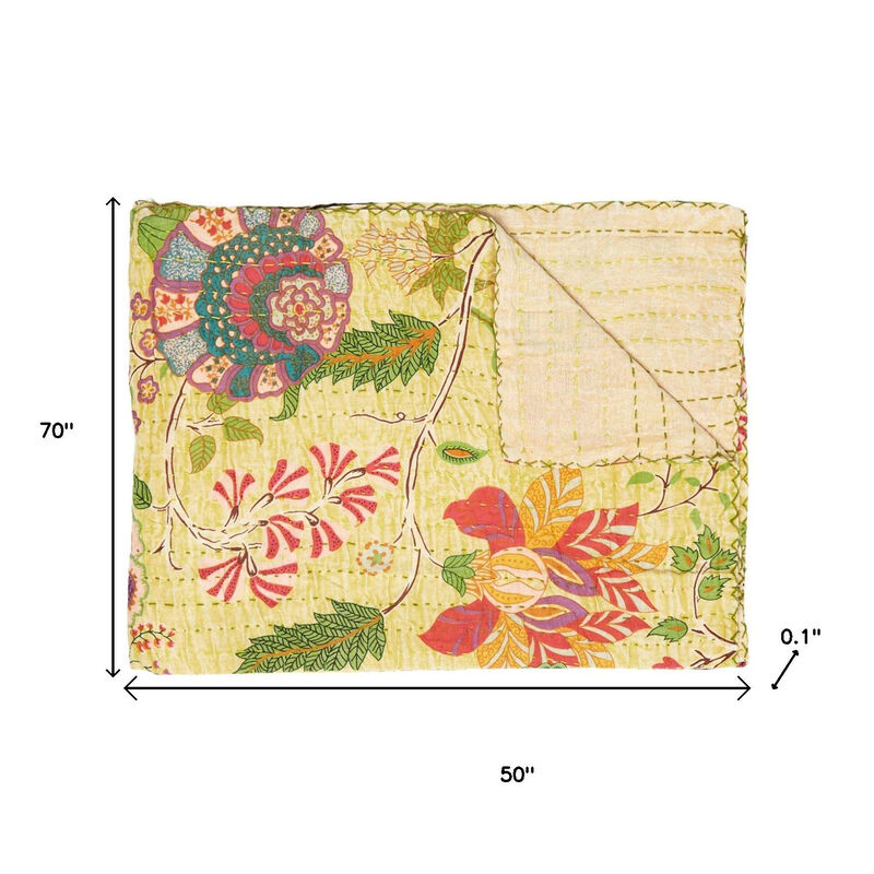HomeRoots 50" X 70" Yellow And Pink Floral Cotton Quilted Kantha Throw Blanket with Embroidery image number 5