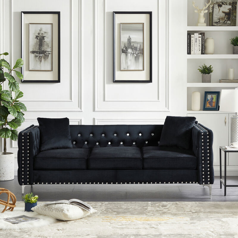 82.3" Width Modern Velvet Sofa Jeweled Buttons Tufted Square Arm Couch Black, 2 Pillows Included
