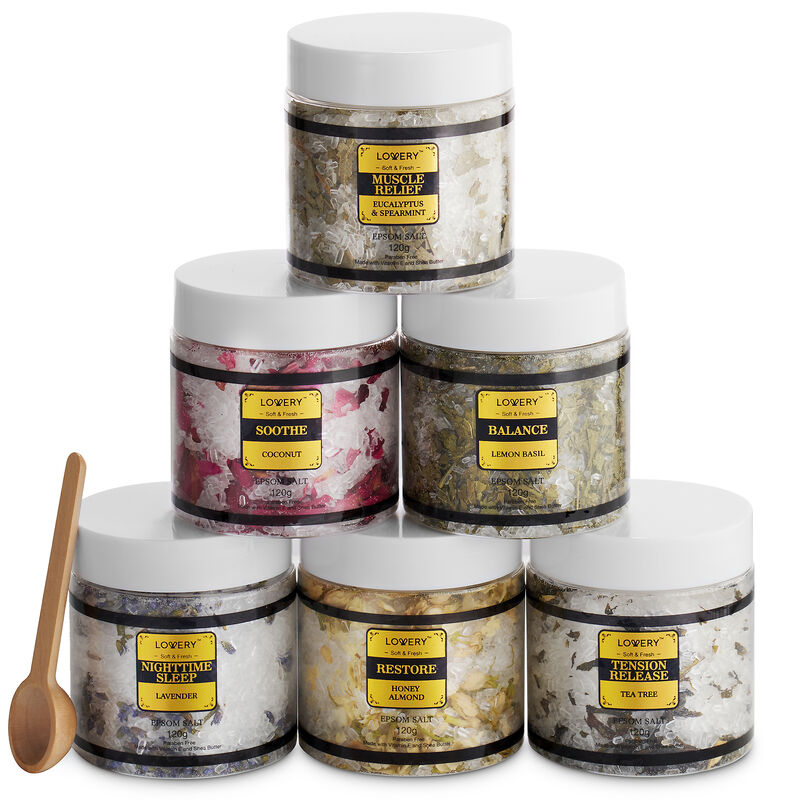 Epsom Salts Gift Set, 6 Scented Relaxing Spa Bath Soaks image number 1