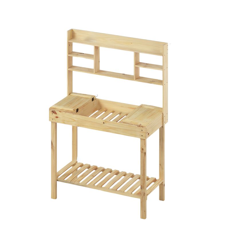 Garden Potting Bench Workstation with Wooden Table and 3-Tier Open Shelves image number 0
