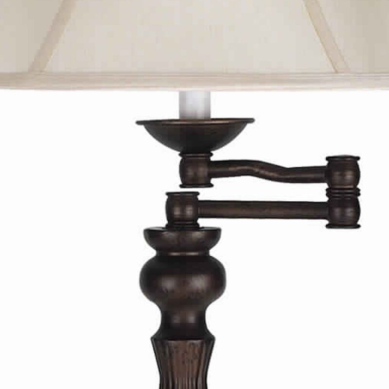 Swing Arm Metal Body Table Lamp with Fabric Bell Shade, Bronze and Beige - Benzara