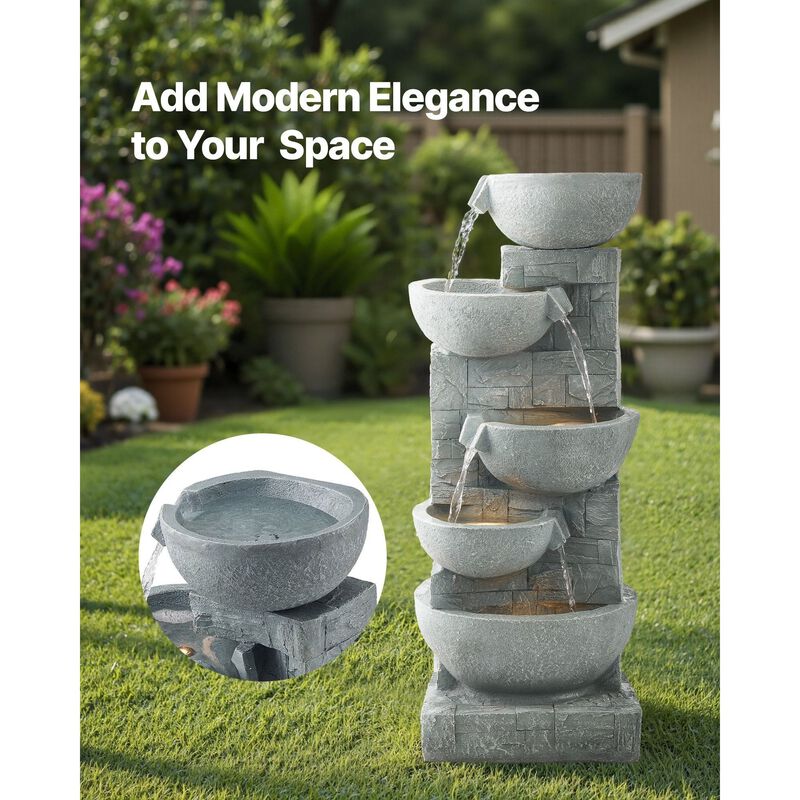 5-Tier Outdoor Water Fountain with LED Light, Cascading Bowl Design for Garden Patio image number 7