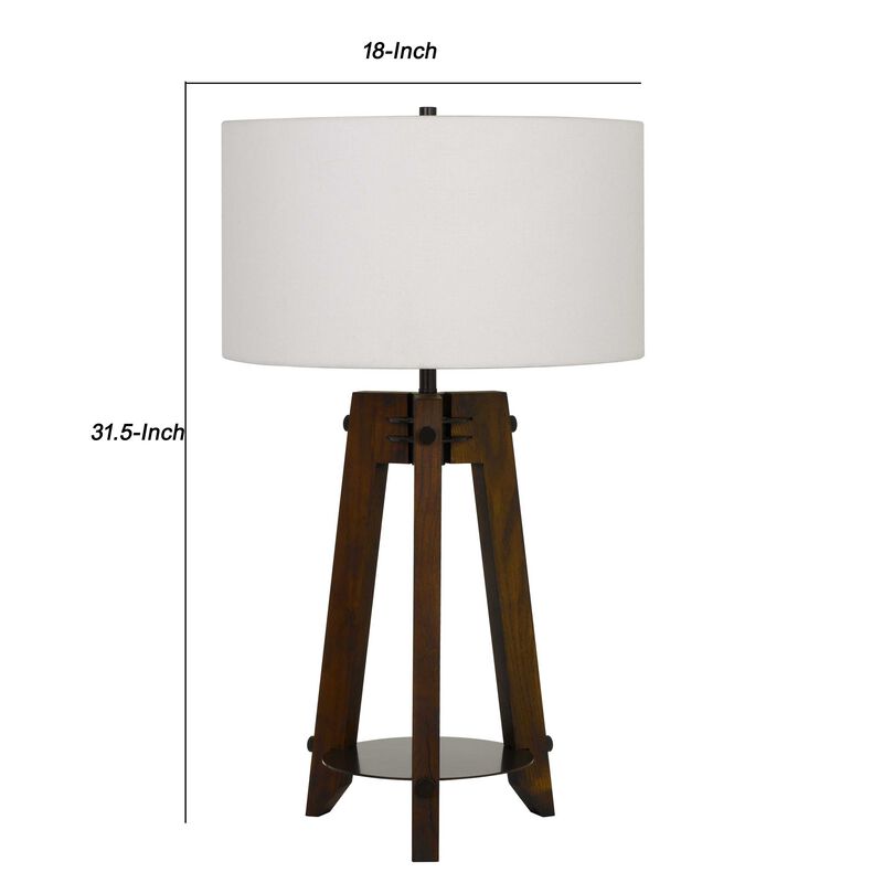Drum Shade Table Lamp with Wooden Tripod Base, White and Brown - Benzara