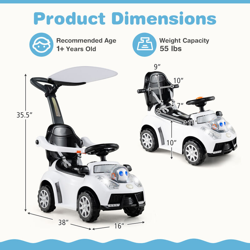 3-in-1 Toddler Ride-On Push Car with Canopy, Seat Belt and Footrest image number 2