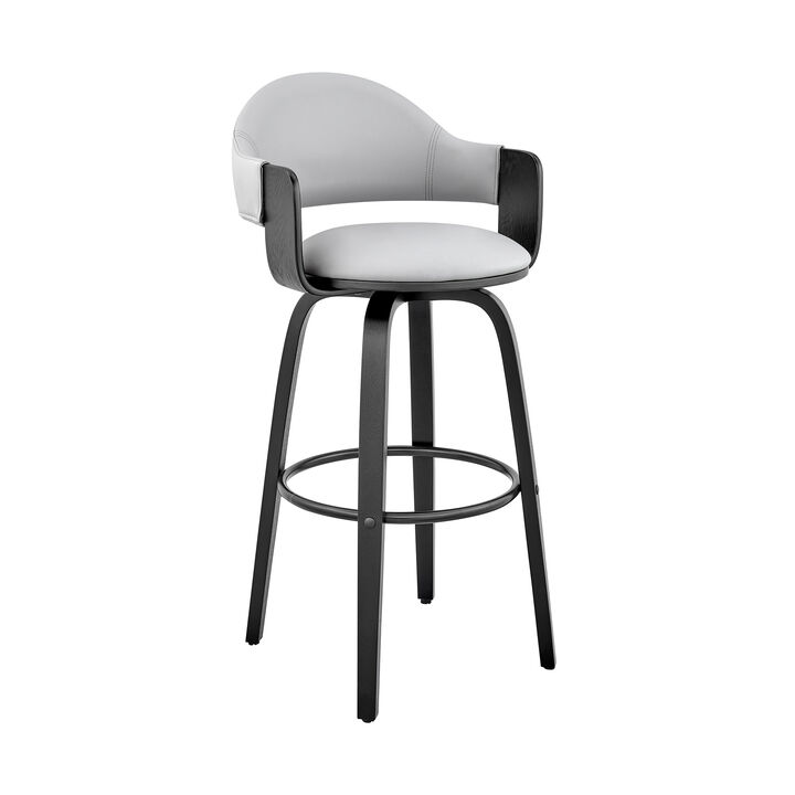 26 Inch Leatherette Barstool with Curved Back, Gray and Black - Benzara