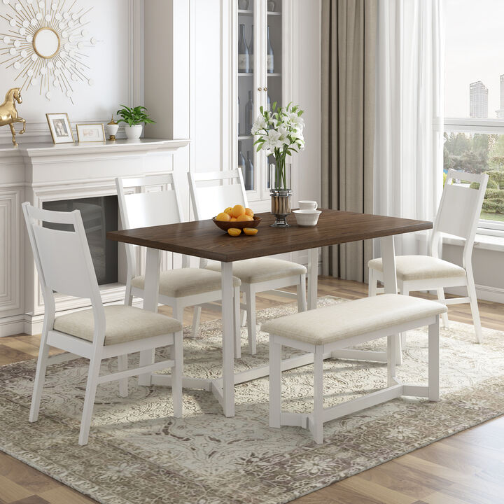 Farmhouse 6-Piece Wood Dining Table Set with 4 Upholstered Chairs and Bench, White