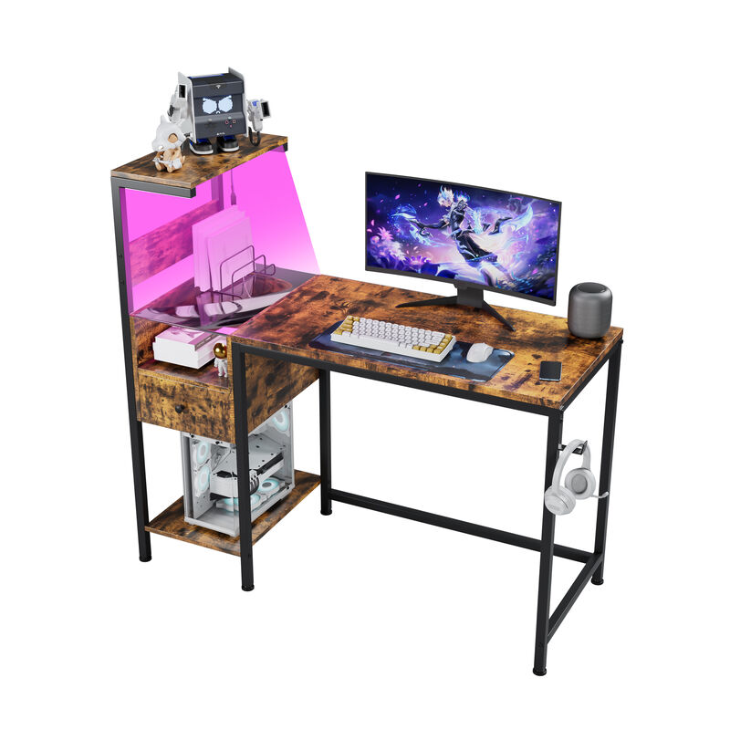 Computer Desk with Power Outlets & LED Lights, 48" Gaming Desk with Storage Shelves & USB Charging Station, Reversible Home Office Desk