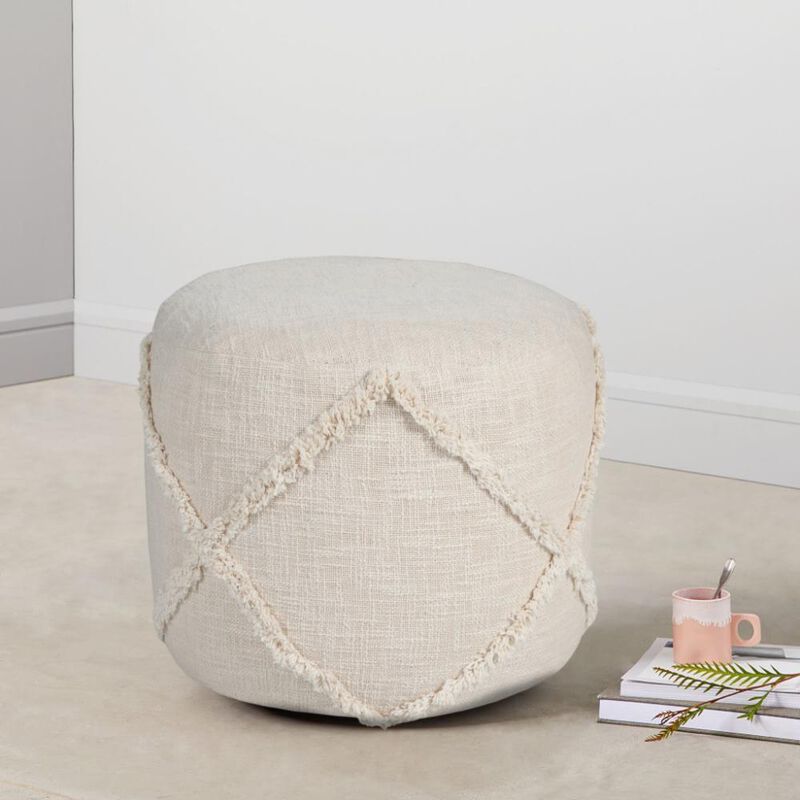 Hivvago 18 Inch Cream Cotton Cylinder Geometric Pouf Ottoman