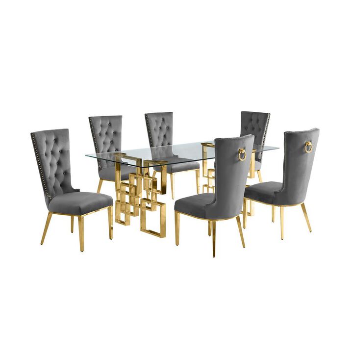 7-piece glam dining set with 6 dark grey chairs and a 79" long glass  table