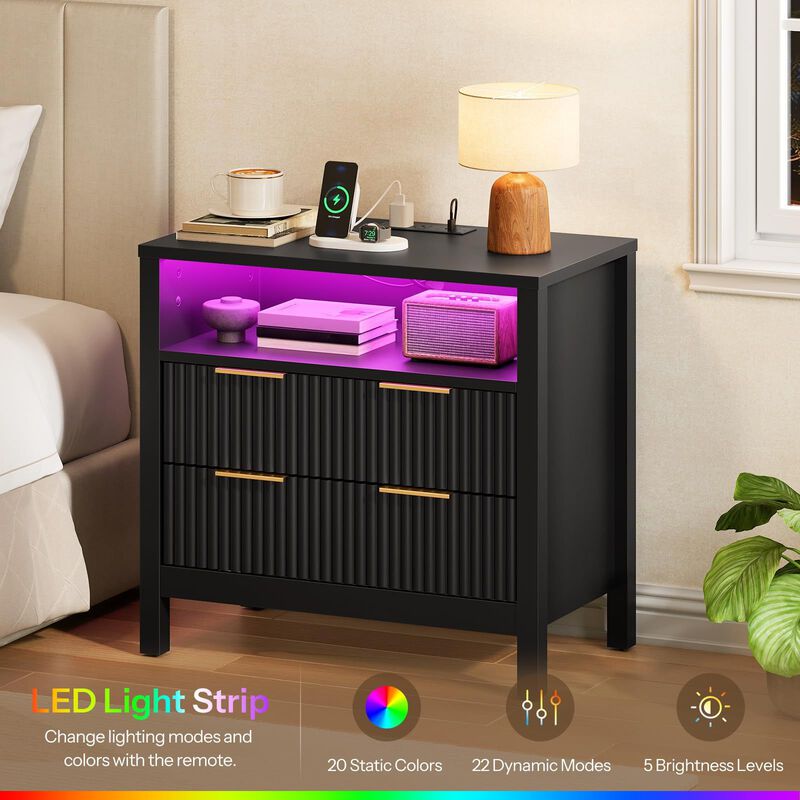 Modern Wooden Nightstand with LED Lights, Charging Station and Storage Space image number 4