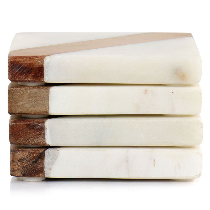 Laurie Gates California Designs Mango Wood and White Marble Square 4 Piece Coaster Set