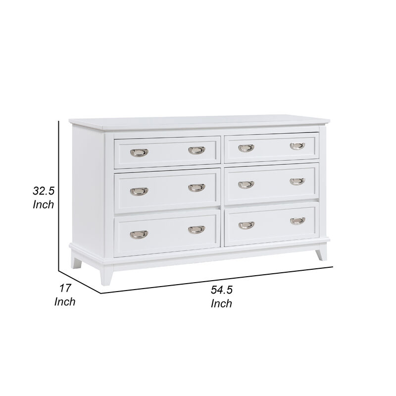 Sely Dresser, 55 Inch, 6 Drawers, White Wood, Nickel Ring Handles - Benzara