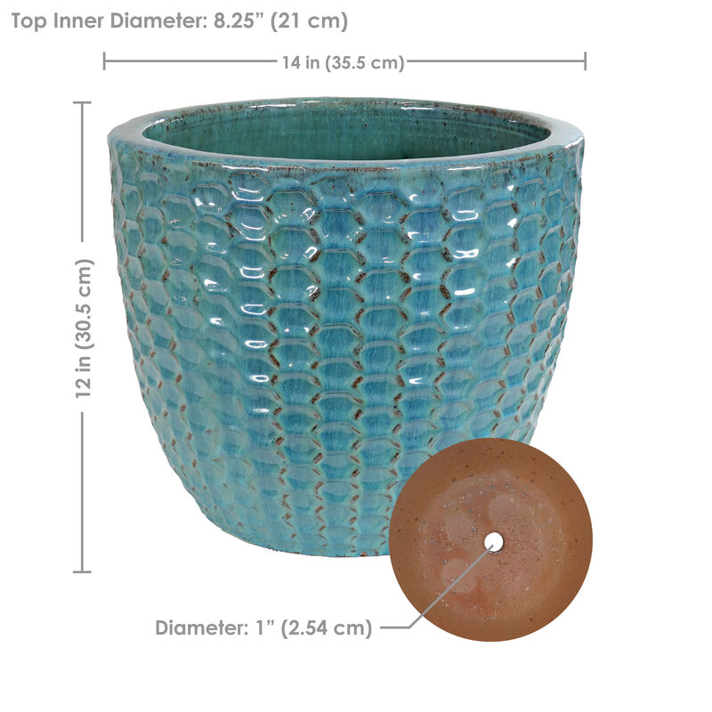 Sunnydaze Turquoise Raised Hexagon Pattern Ceramic Planter - 14"