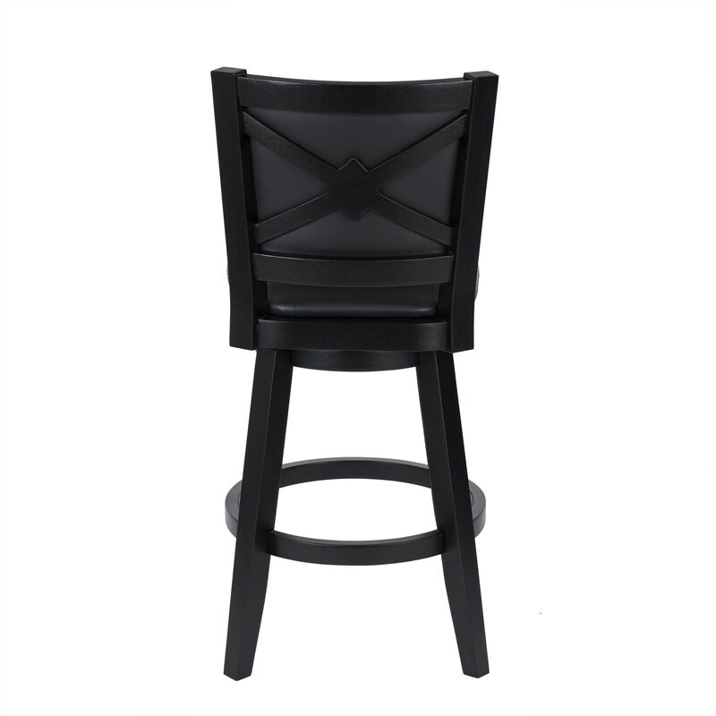 Kera Swivel Barstool Chair, Black Wood, Faux Leather, Nailhead Trim - Benzara