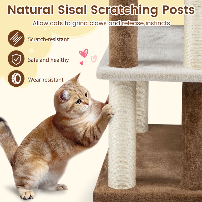 2-in-1 Cat Tower with Pet Steps, Sisal Scratching Posts, and 4 Platforms-Brown image number 6