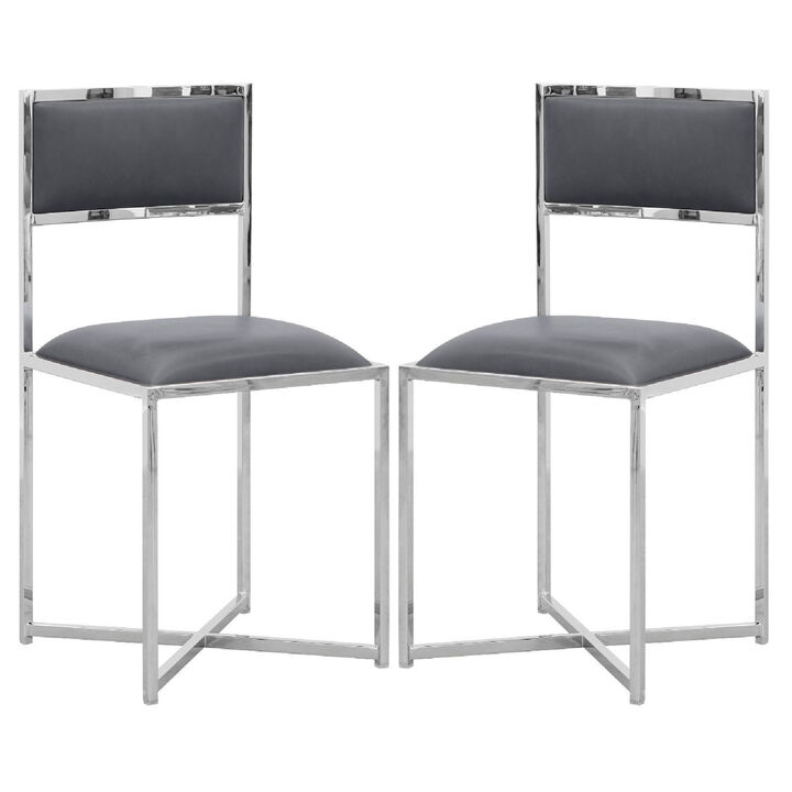 Eun 20 Inch Faux Leather Dining Chair, Chrome Base, Set of 2, Dark Gray-Benzara