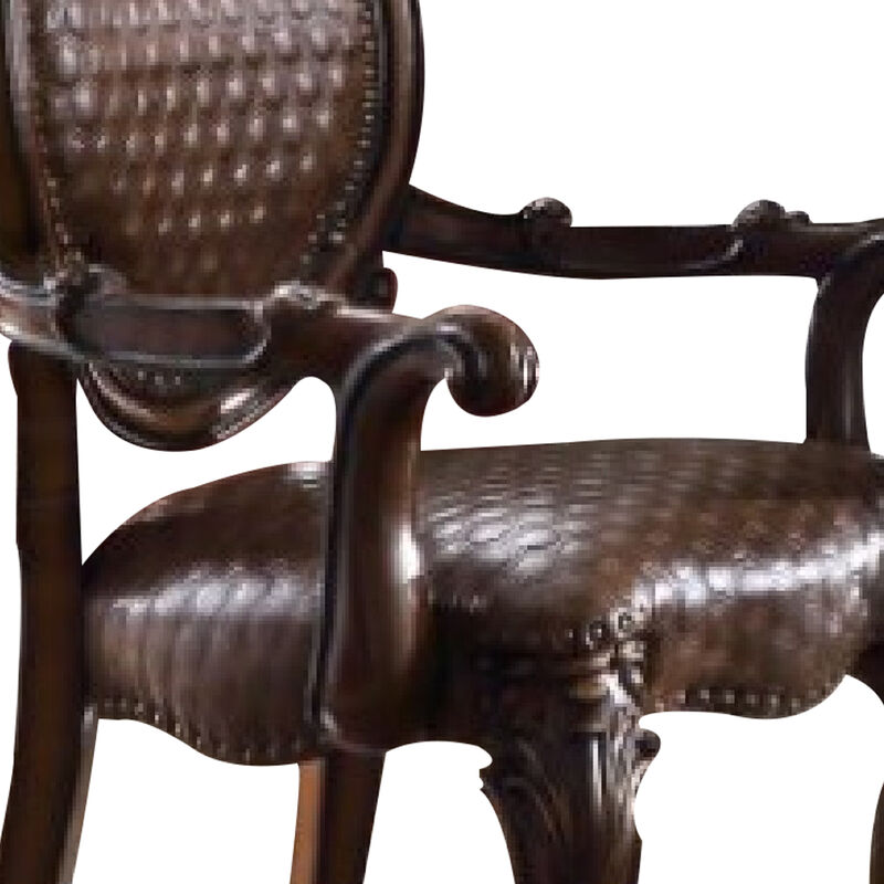 Kai 26 Inch Solid Wood Carved Armchair, Rolled Arms, Vegan Leather, Cherry-Benzara image number 3