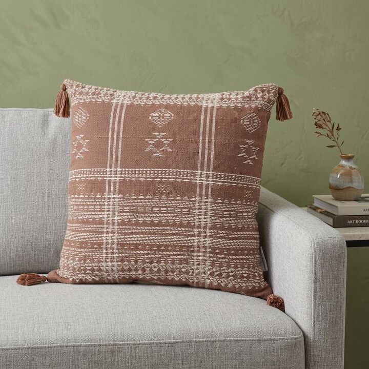 HomeRoots 18" Beige and Brown Cotton Throw Pillow with Tassels