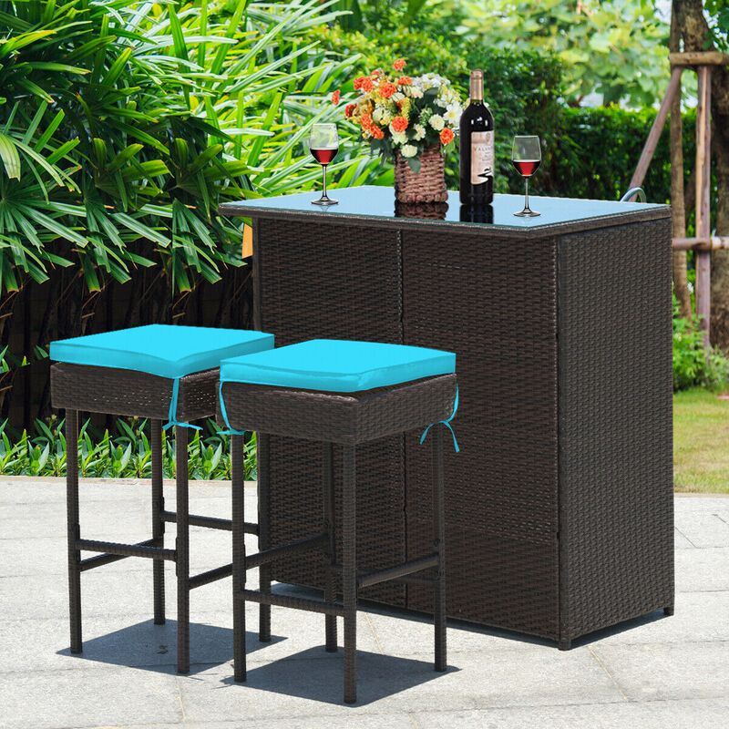 3PCS Patio Rattan Wicker Bar Table Stools Dining Set