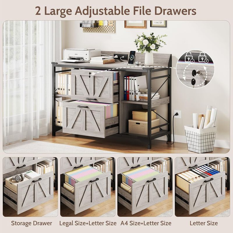 44"W File Cabinet, Lateral Filing Cabinet with 4 Shelves and 2 Drawers, Office Storage Cabinet with Lock & Charging Station, Wooden Printer Stand image number 3