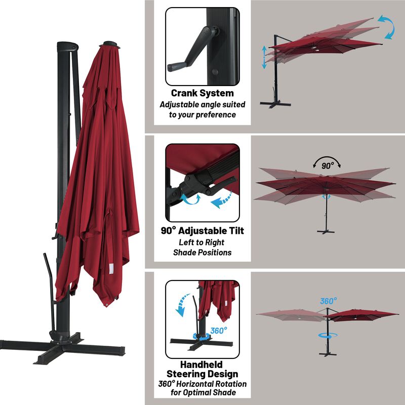 10x10 ft. 360°Rotation Square Cantilever Patio Umbrella with Bluetooth Speaker and LED Light in Red