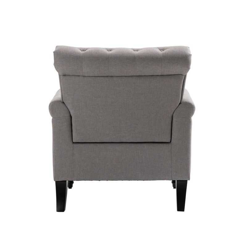 Mid-Century Modern Accent Chair, Linen Armchair w/Tufted Back/Wood Legs, Upholstered Lounge Armchair Single Sofa for Living Room Bedroom, Light gray