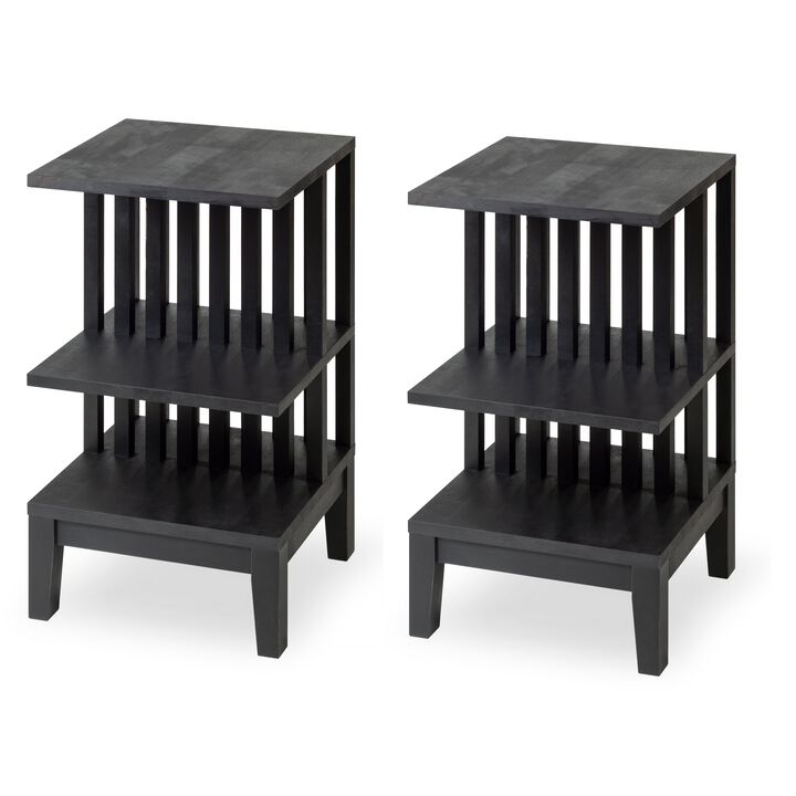 Set of 2 Black Hardwood Stands with Three Shelves - High-end Modern Farmhouse Style Side Tables