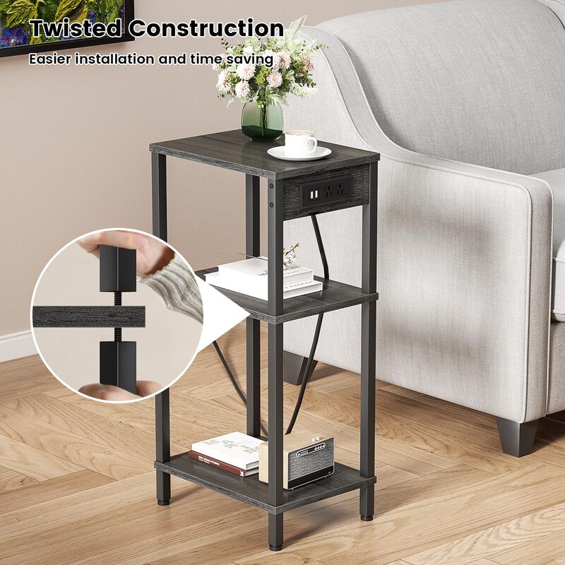 Creso hom Tall End Table with Charging Station and USB Ports, 3 Tier Narrow Side Table with Storage, Skinny Nightstand with Outl