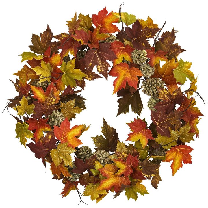 Nearly Natural 24-in Maple Pine Cone Wreath