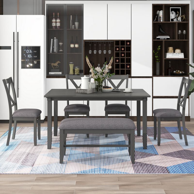 Merax Wooden Dining Table Set with 4 Upholstered Chairs & Storage Bench image number 2