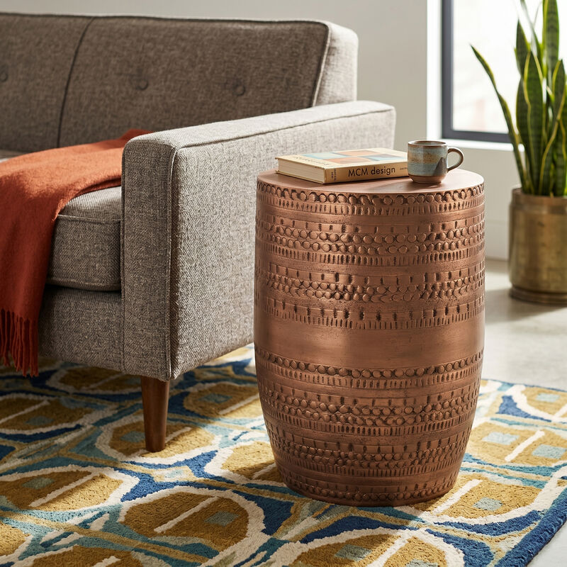 Johnsen 15 inch Wide Tribal Pattern Metal Accent Table in Antique Cooper Iron, Assembled image number 1