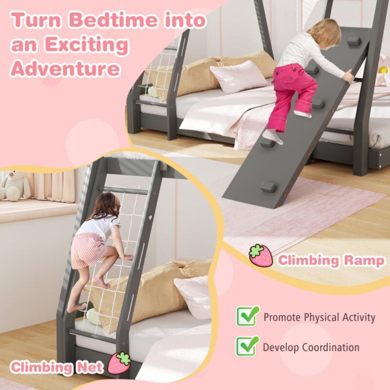 Hivvago Twin Over Queen Bunk Bed Wooden Kids Bed with Climbing Nets and Ramp