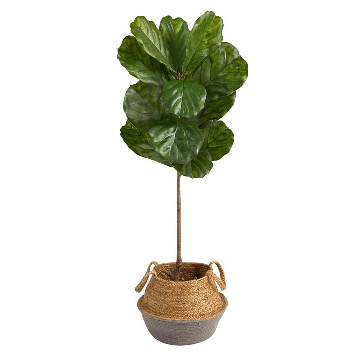 Nearly Natural 4-ft Fiddle Leaf Tree in Woven Planter UV (Indoor/Outdoor)