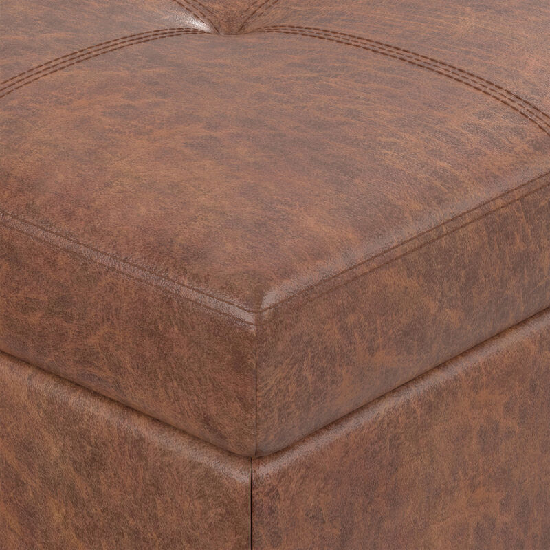 Oregon 42 inch Wide Transitional Rectangle Storage Ottoman Bench with Tray in Distressed Saddle Brown Vegan Faux Leather, Assembled image number 8