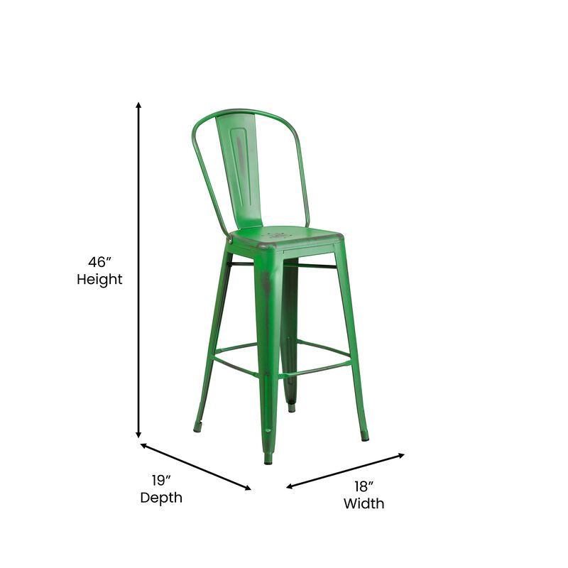 Flash Furniture Commercial Grade 30" High Distressed Green Metal Indoor-Outdoor Barstool with Back