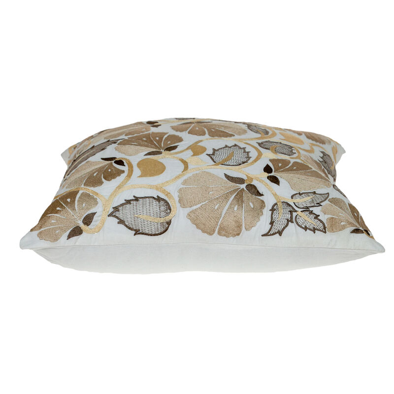 HomeRoots 22" Gold and White Floral Cotton Throw Pillow With Embroidery image number 2