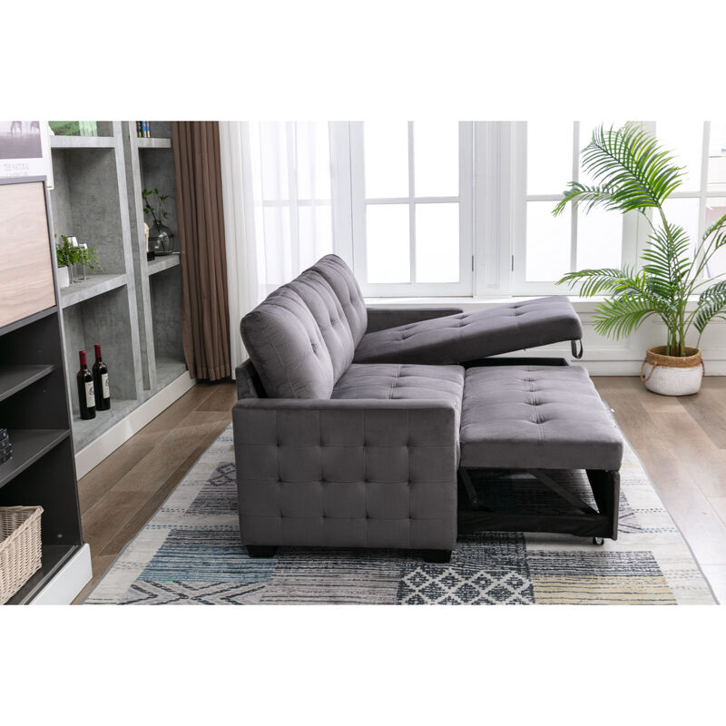 77 Inch Reversible Sectional Storage Sleeper Sofa Bed, L-Shaped 2 Seat Sectional Chaise With Storage, Skin-Feeling Velvet Fabric, Dark Grey Color For Living Room Furniture