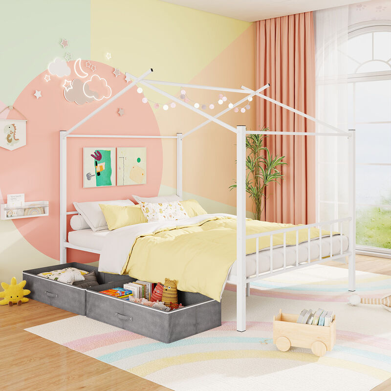 Metal House Bed with 2 Fabric Drawers for Kids, Fun and Functional Bedroom Furniture