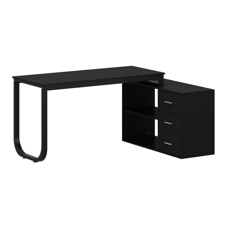 55.1 in. L-Shaped Black Wood Computer Desk Writing Desk Office Executive Desk With Removable Tabletop, Shelves 3-Drawers