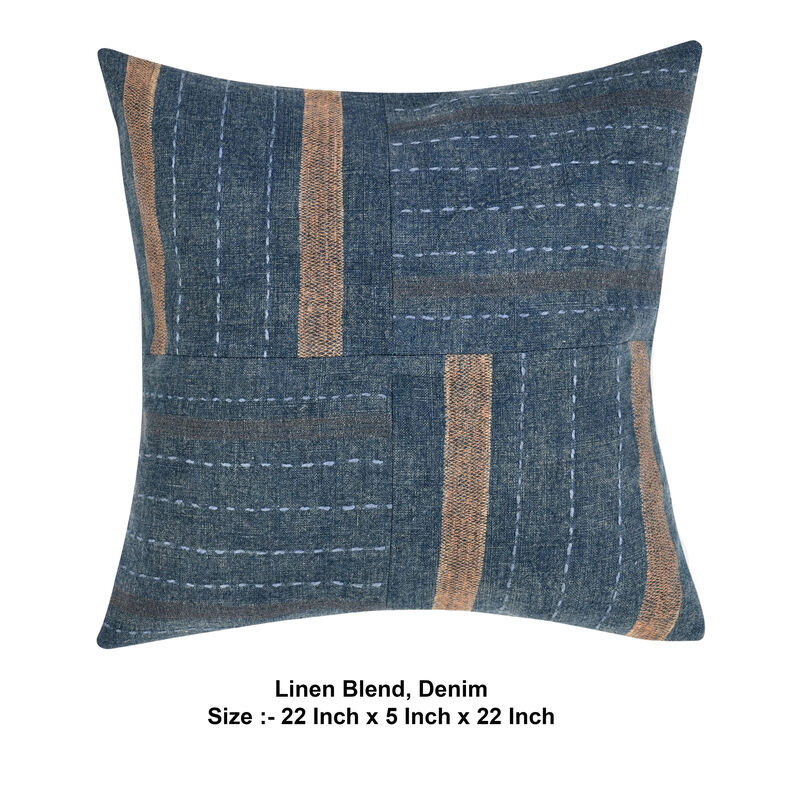 Rijo Throw Pillow, Square 22 Inch Hand Embroidery, Denim Blue Linen - Benzara