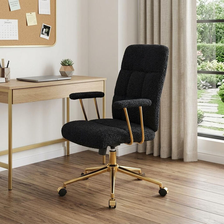 HomeRoots Black And Gold Boucle Swivel Rolling Executive Office Chair