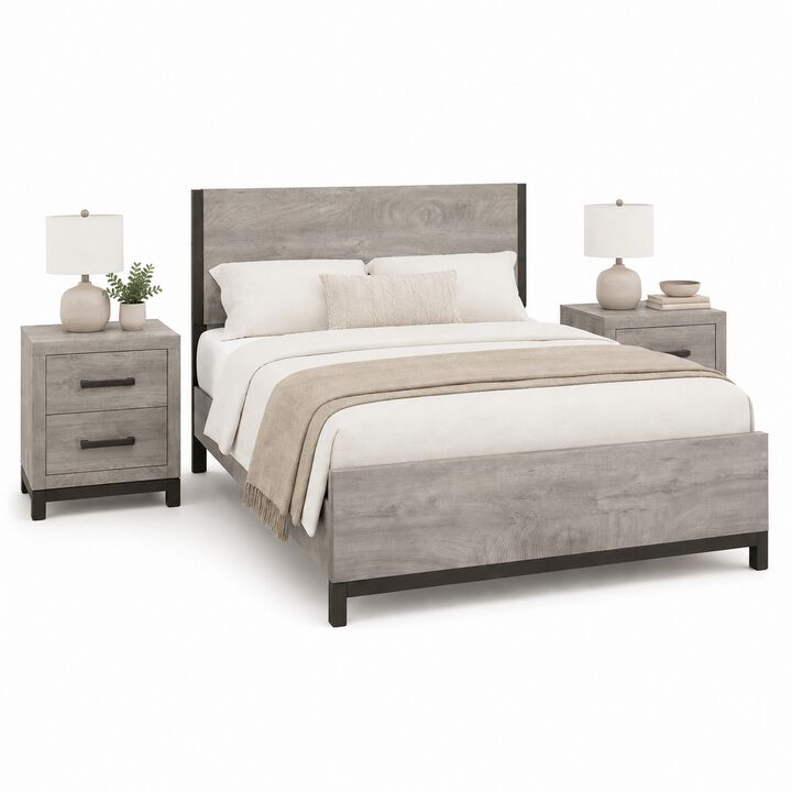 Queen Bedroom Set, Gray Wood, 3 Piece Set with 2 Nightstands