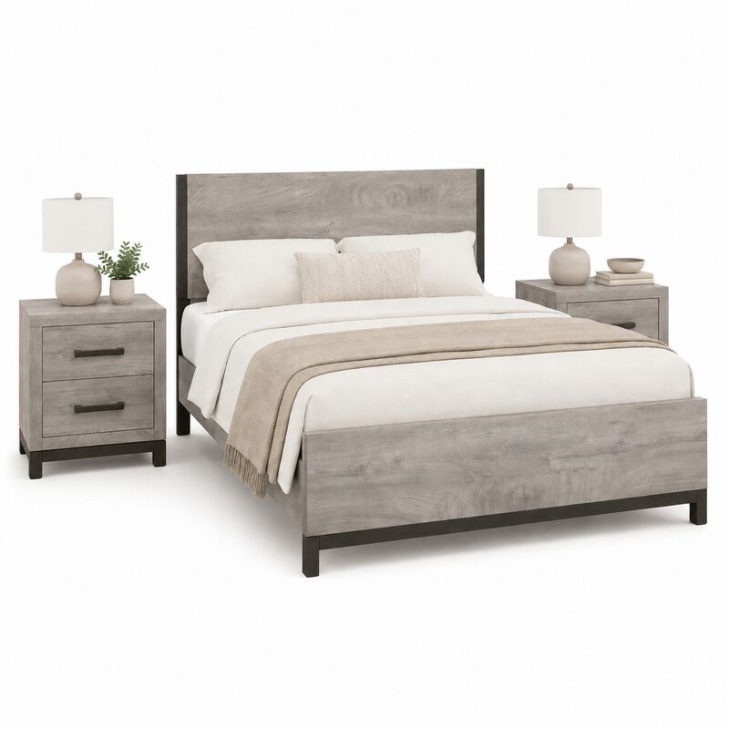 Queen Bedroom Set, Gray Wood, 3 Piece Set with 2 Nightstands image number 0