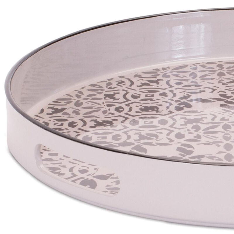 HomeRoots 14" Cream And Gray Geometric Pad Print Round Serving Tray With Handles image number 2