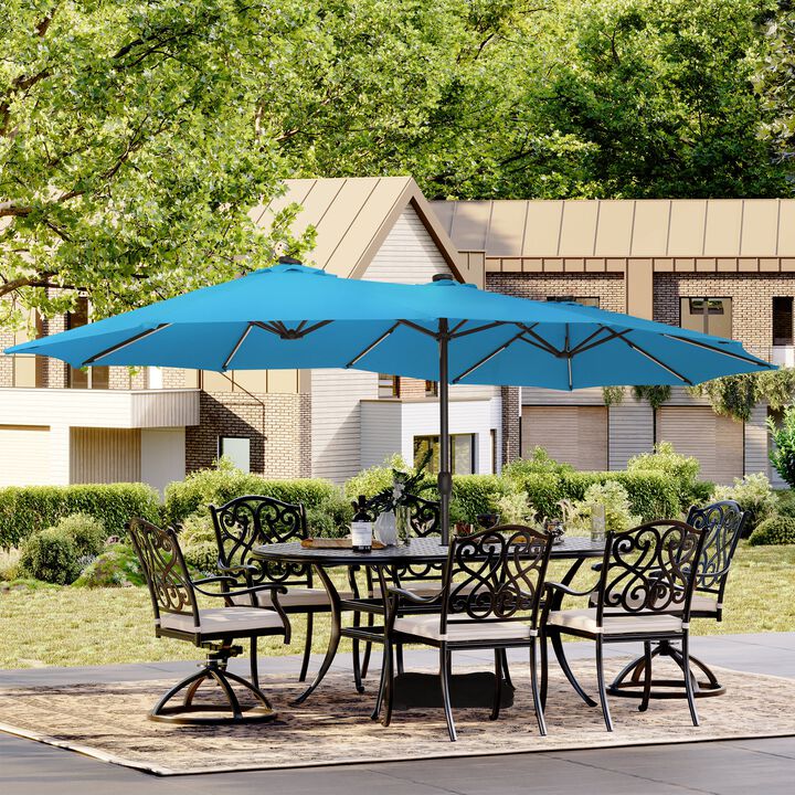 15 FT Double-Head Patio Umbrella with Base Included Large Outdoor Umbrella with Solar Detachable Lights Rectangular Crank Market Umbrella, Red