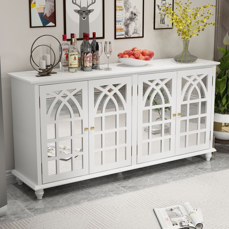 White Wooden 63 in. W, Mirrored Accent Strorage Cabinet, Sideboard with 4 Shelves and 4 Elegant Feet